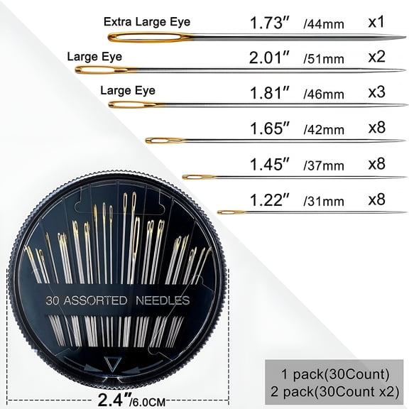 TUWAFE 2026 New 60 Pack,Premium Sewing Needles for Handsewing,Assorted Sizes,6 Sizes Sewing Sharp Needles,6 Pcs Big Eye Hand Sewing Needles,Sewing Needles Large Eye,Embroidery Needles for Hand Sewing