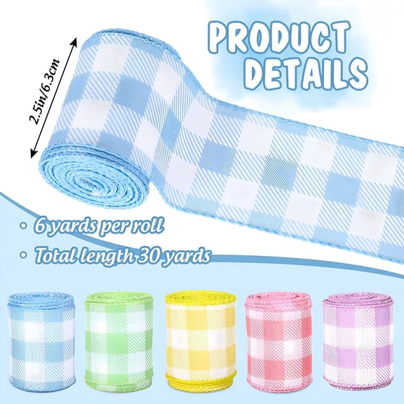 TUWAFE 2026 New Buffalo Plaids Wired Edge Ribbon Rainbow Color Gingham Checkered Fabric Craft Ribbon for Spring Easter Birthday Gift Wrapping Wreath Bow Making