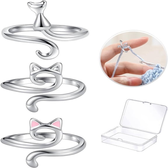 TUWAFE 2026 New Cat Hook Needle Adjustable Design Crochet Rings Finger Sizes Crochet Accessories for Crochet Knitting Crafts Silver