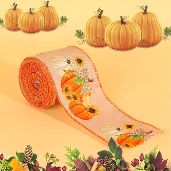 TUWAFE 2026 New Fall Ribbons for Crafting,Thanksgiving Wired Edge Ribbon Orange Natural Ribbon Bow Autumn Pumpkins Farmhouse Ribbon for Gift Wrapping Fall Thanksgiving Decorations Supplies