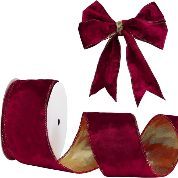 TUWAFE 2026 New Red Gold Velvet Ribbon 2.5 Inch Wired Craft Ribbon Metallic Velvet Single Face Lace Trim for Gift Wrapping Christmas Decoration Crafts Wreaths Supplies 10 Yards Dark Red