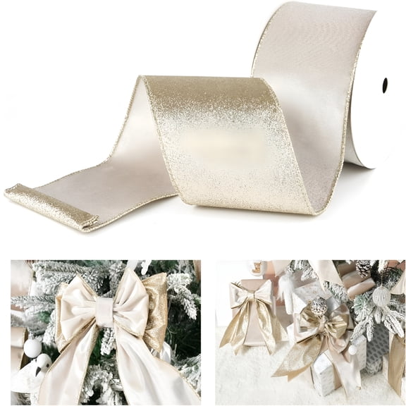 TUWAFE 2026 New Velvet Wired Ribbon with Glitter Back 4 Inch Ivory and Gold Christmas Wired Ribbon for Christmas Tree Decorations,Gift Wrapping,Mantel,Topper Bows,Gold Christmas Tree Ribbon(10 Yards)