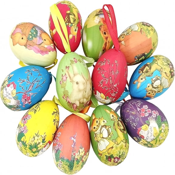 TUWAFE 2026 New Vintage Easter Colorful Paper Mache Foam Egg Hanging Ornaments Easter Egg Ornaments for Tree,Set of 12