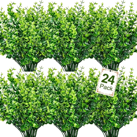TUWAFE 24 Bundles Artificial Greenery Stems,Uv Resistant Fake Boxwood Plants,Faux Plastic Greenery for Garden Porch Farmhouse Window Box Kitchen Office