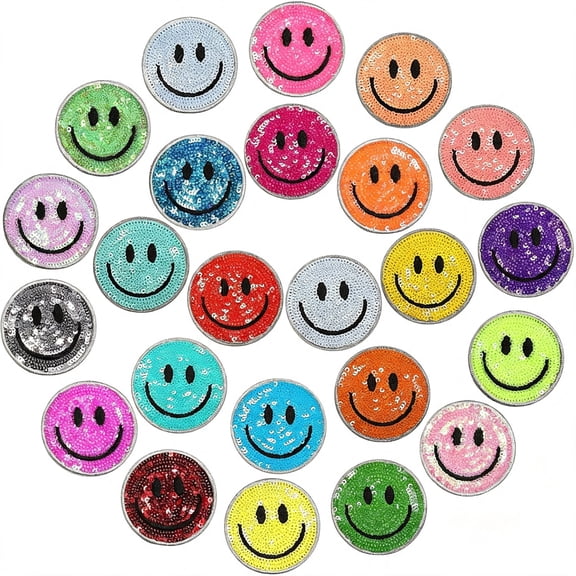 TUWAFE 24 Pcs Sequin Smile Face Iron on Patches Face Patches 2 Inch Shiny Glitter Cute Preppy Heat Sequins Applique for Hats Backpacks Clothes Jackets Decorative Diy Craft