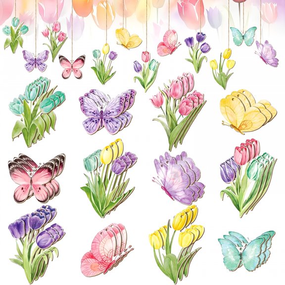 TUWAFE 24 Pcs Spring Ornaments for Tree Spring Flower Tulip Wooded Decorations Easter Tree Decorations Farmhouse Hanging Sign for Holiday Easter Party Home Decoration(Butterfly)