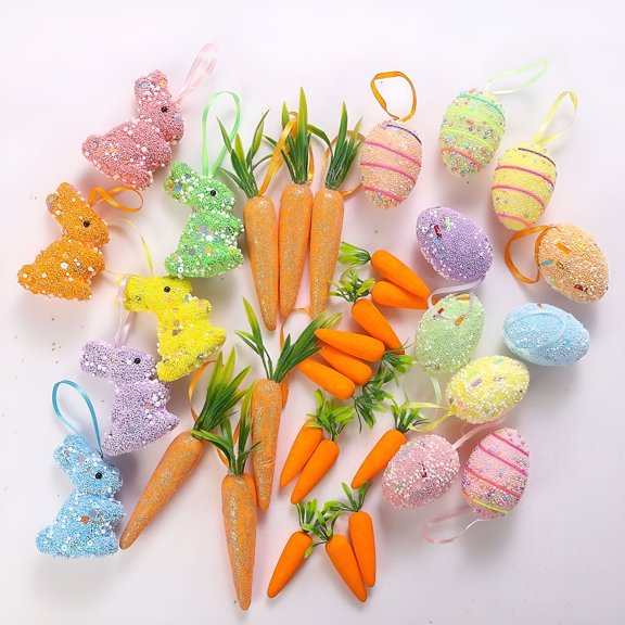 TUWAFE 24Pcs Easter Foam Hanging Ornaments Set,6 Bunny 6 Carrot 12 Eggs Easter Tree Decorations & Basket Stuffers,easter ornaments for tree