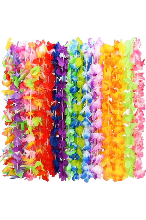 24Pcs Hawaiian Leis Bulk Luau Party Silk Flower Necklace Colorful Tropical Hawaiian Bulk Hula Dance Party Decor Flower Leis Summer Beach Pool Party Decorations Favors Supplies