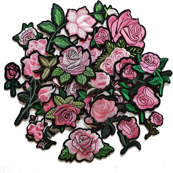 TUWAFE 25Pcs Pink Rose Iron on Patches Embroidered Flower Patches for Clothing Jackets Jeans Backpacks