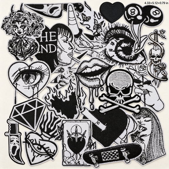 TUWAFE 25pcs Black White Iron/Sew on Patches, Punk Horror Skull Embroidered,Applique, Fashion Decoration for Clothes, Hat, Bag, Dress, Shirt, Jeans, punk patches and horror patches