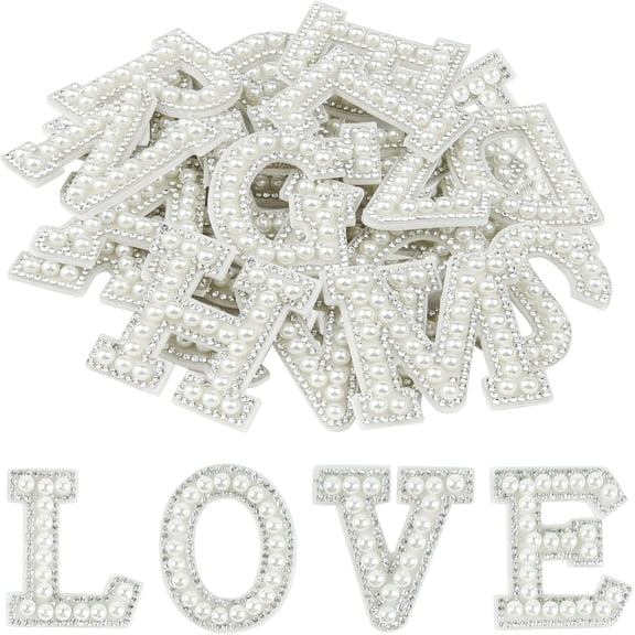 TUWAFE 26Pcs Pearl Rhinestone Letter Patches Self Adhesive A-Z,Stick on Pearl Letter Patches for Clothes,Fabric,Backpack (White)