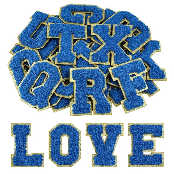 TUWAFE 26Pcs Self Adhesive Chenille Letter Patches A-Z, Chenille Letters for Clothing, Fabric, Shoes, Bags Letter Patches (Deep Blue)