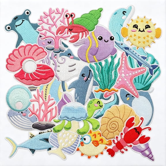 TUWAFE 28Pcs Sea Animal Iron/Sew on Patches,Cute Summer Embroidered Applique,Ocean Beach Decration for Clothes,Hat,Bag,Jeans,Dress,Shirt Patches for Clothes