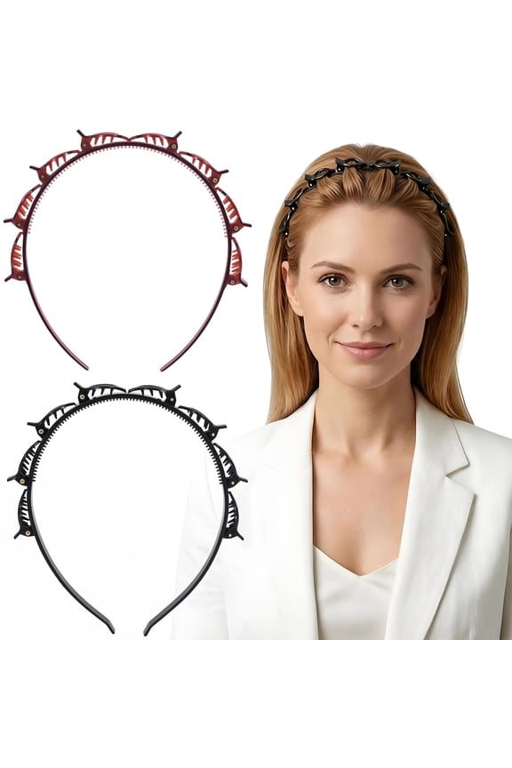 2Pcs Headband with Clips for Women,Double Layer Bangs Hair Clip Hairpin Headband with Teeth,Braided Headbands Accessories for Daily,Parties,Festivals Hairstyling-Brown