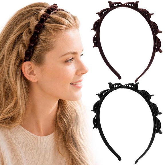 TUWAFE 2Pcs Headband with Clips for Women,Double Layer Bangs Hair Clip Hairpin Headbands with Teeth,Vintage 90S Braided Headband Accessories for Daily,Parties,Festivals Hairstyling-Black,Brown