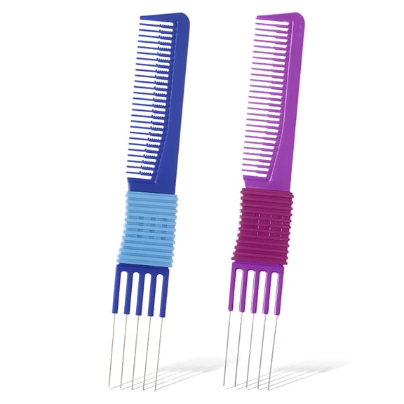 TUWAFE 2Pcs Metal Pick Comb,Blue Purple Hair Comb with Prong,Lift Teasing Combs for Women Men,Hair Salon Styling,Fluffing,Fine Hairs