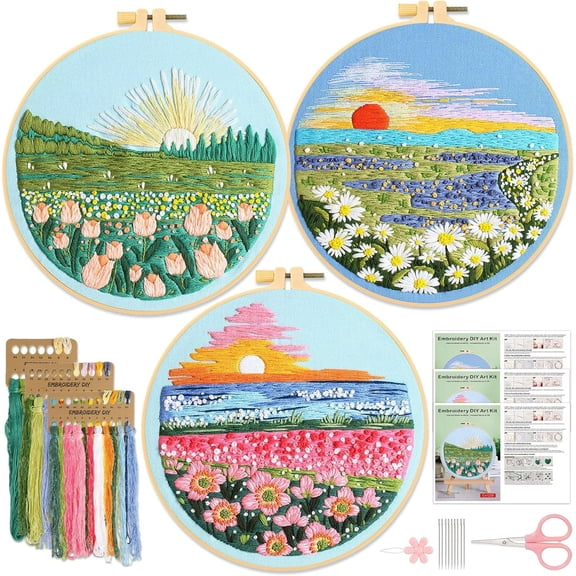 TUWAFE 3 Pack Embroidery Starter Kit for Adults Beginners,Landscape Stamped Diy Needlepoint Handmade Practice Sampler with Threads Sewing Hoop Instructions