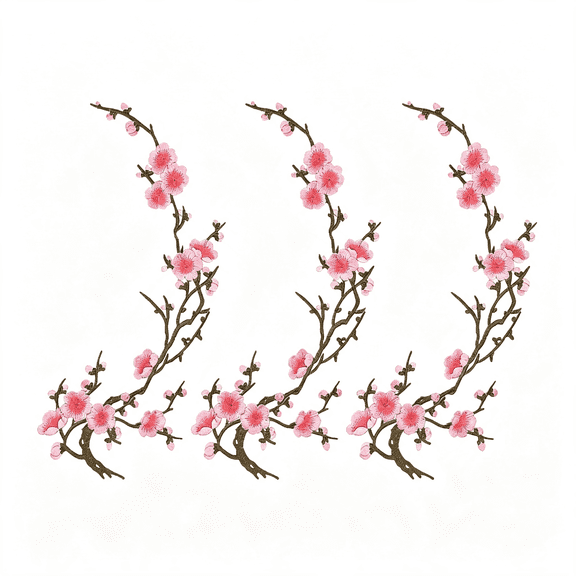 TUWAFE 3 Pcs 16.6" Embroidery Cherry Blossom Iron on Patches, Plum Blossom Applique Flower Branch Sew on Patch Floral Embellishments Pink