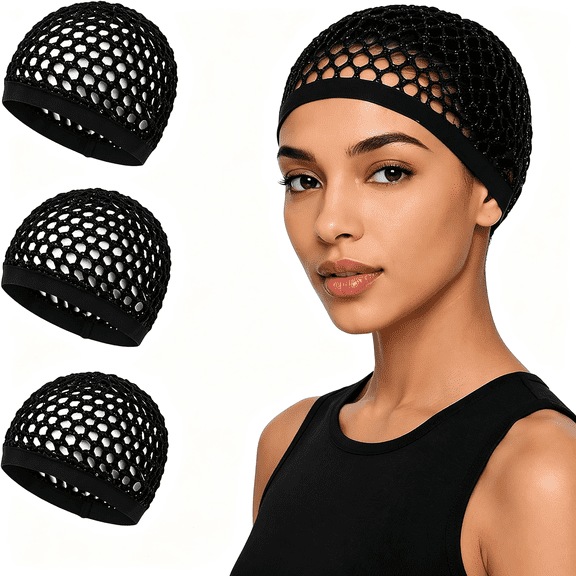 TUWAFE 3 Pcs Black Mesh Hair Net for Sleeping,Stretchy Crochet Cap,Silk Press Wrap,Dominican Tubi Doobie Style Snood for Women Hair Net