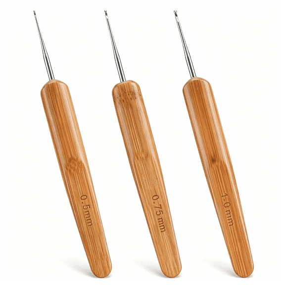 TUWAFE 3 Pcs Dreadlock Crochet Hook, 0.5Mm/0.75Mm/1Mm Single Needle Crochet Hook for Locs with Bamboo Handle for Hair Braid Craft Weaving (Brown, 5.1Es)