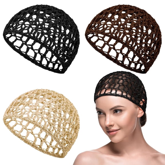 TUWAFE 3 Pieces Hair Wrap Net for Sleeping Mesh Crochet Hair Net for Women Rayon Knit Snood Cap Cover Sleep Hat (Black, Brown, Skin)
