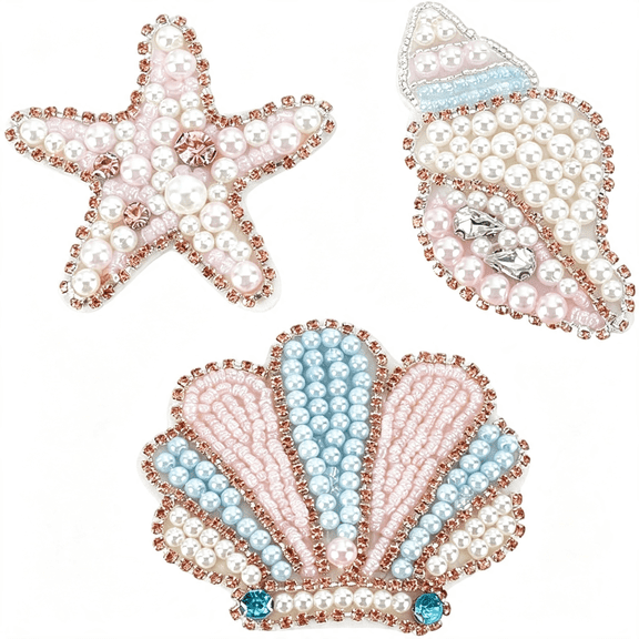TUWAFE 3 Styles Sea Animals Beaded Patches Pearl Applique Sewing Patches Pink Conchs Shells Starfish Shape Rhinestone Beaded Applique for Clothes Bag Pants Shoes Hats Summer Diy Accessories