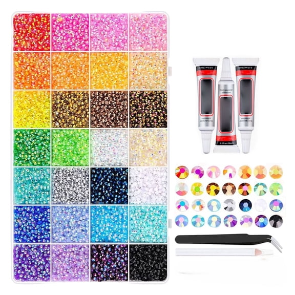 TUWAFE 30000Pcs Bedazzler Kit with Rhinestones, 1.5-5Mm Resin Rhinestones, Diamond Art Accessories with Skin-Safe Glue for Diy Jeans & Book Decor - (30000Pcs_28 Colors)