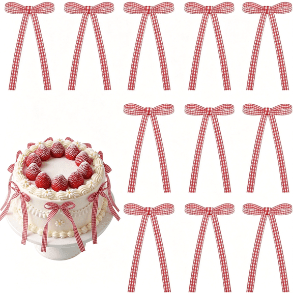 TUWAFE 30Pcs Gingham Ribbon Bows for Cake Red Gingham Bow Cake Toppers,Plaid Ribbon Bows Decor for Cherry Birthday,She'S Ready to Pop Baby Shower,Wedding,Bachelorette,Bridal Party Supplies