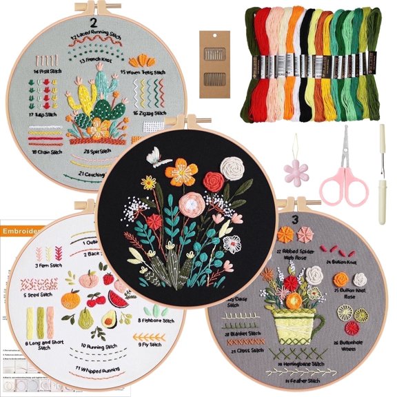 TUWAFE 31-Stitches Embroidery Kit for Beginners Set of 4 - DIY Adults Craft Set, Step-by-Step Guide Video