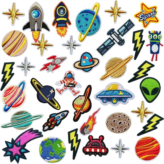 TUWAFE 35Pcs Iron on Patches Solar System Appliques Stickers Embroidered Space Planets Patches Applique Kit for Clothing,Jackets,Backpacks,Jeans Iron on Patches for Clothes
