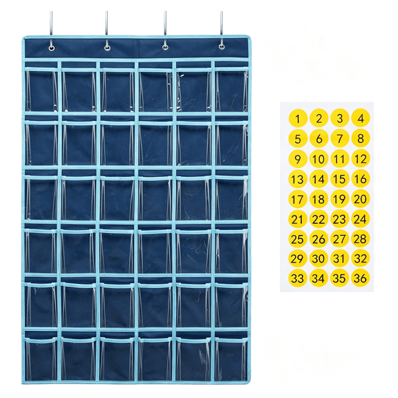 TUWAFE 36 Clear Pockets Classroom Pocket Chart for Cell Phone and Calculator Holder, Door Hanging Pocket Chart for Classroom Phone Holder with Number Sticker and Hooks (Blue)