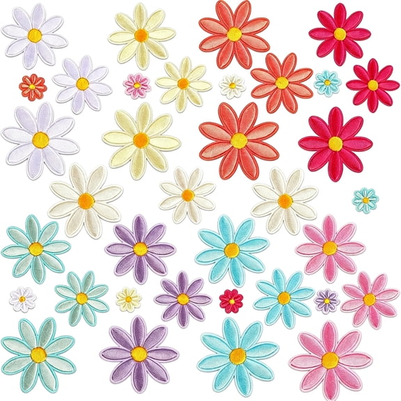 TUWAFE 36 Pcs Daisy Floral Embroidery Patches, for Bags Diy Decoration | 0.47/1.1/1.37/1.6 Inch, Easy to Iron on Or Sew On, Decorate and Repair Clothe, Jacket, Hat, Bag Accessory, Crafters, Teens