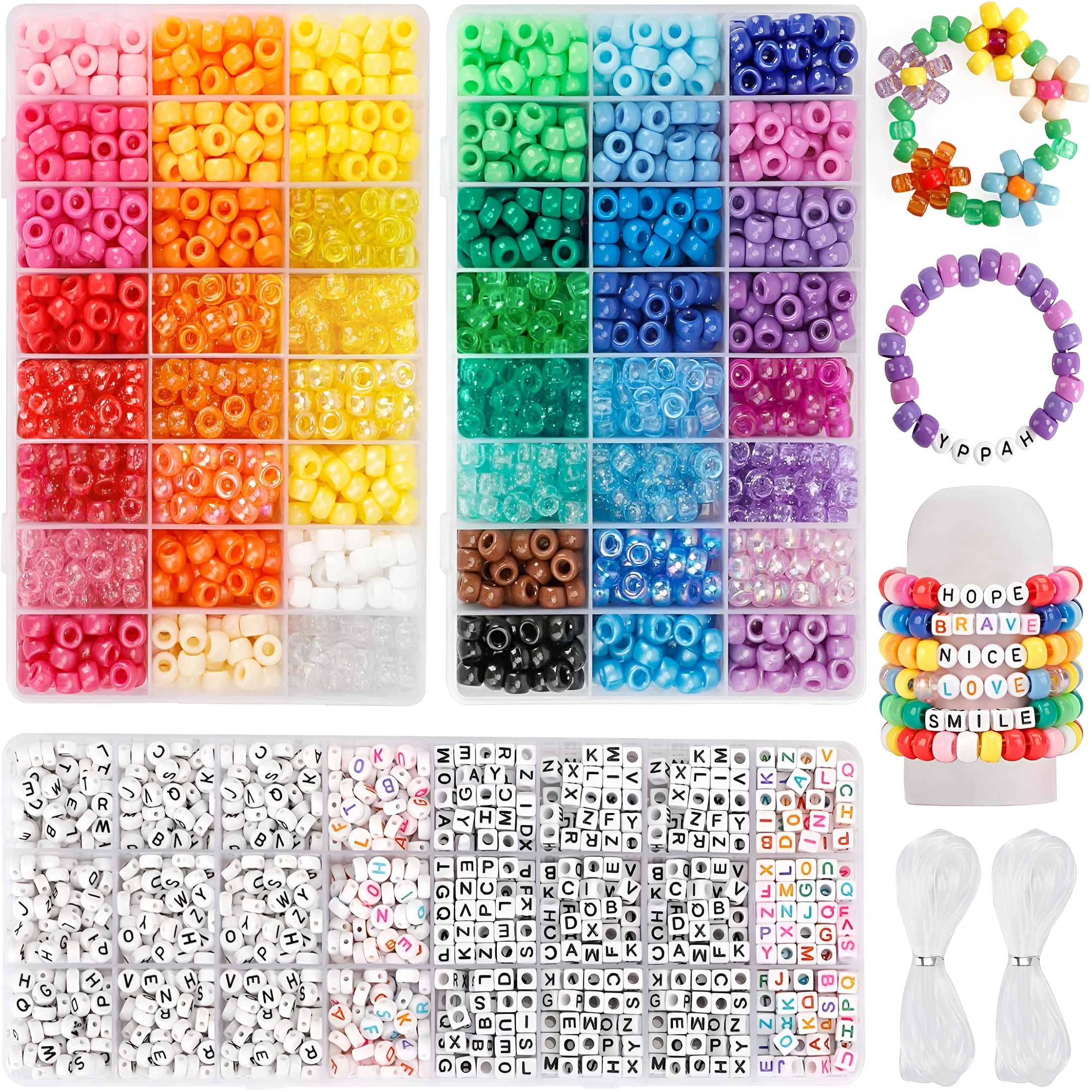TUWAFE 3960pcs Pony Beads for Friendship Bracelet Making Kit 48 Colors Kandi Beads Set, 2400pcs Plastic Rainbow Bulk and 1560pcs Letter Beads with 20 Meter Elastic Threads