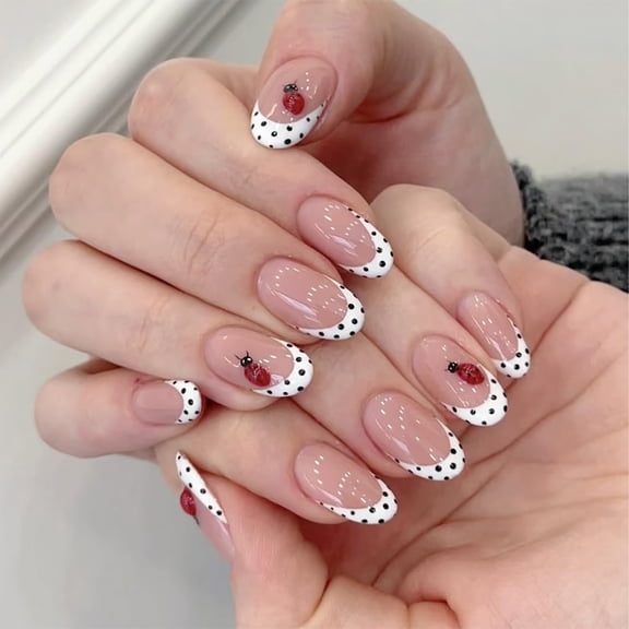 TUWAFE 3D Short Oval French Tip Press on Nails-Nude Pink with White Polka Dots&Cute Ladybug,Glossy Acrylic Stick on Reusable Full Cover False Nails for Women&Girls-Easy Apply Tabs,Salon Quality
