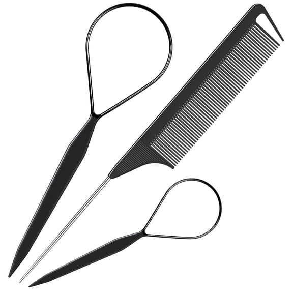 TUWAFE 3Pack Hair Styling Tools Set with French Braid Loop, Rat Tail Comb, and Metal Pin Tail Braiding Comb, Black