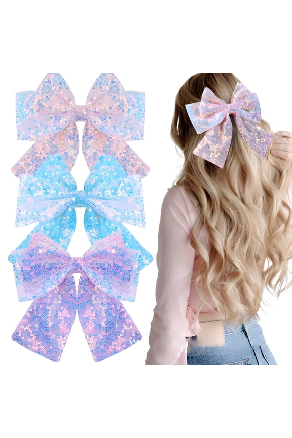 3Pcs Glitter Hair Bows with Tails Sparkly Layered Sequin Bow Hair Clip Barrette Teens Toddler Cheerleader Girls Women Outfit Back School Uniform Decor Accessories Gift