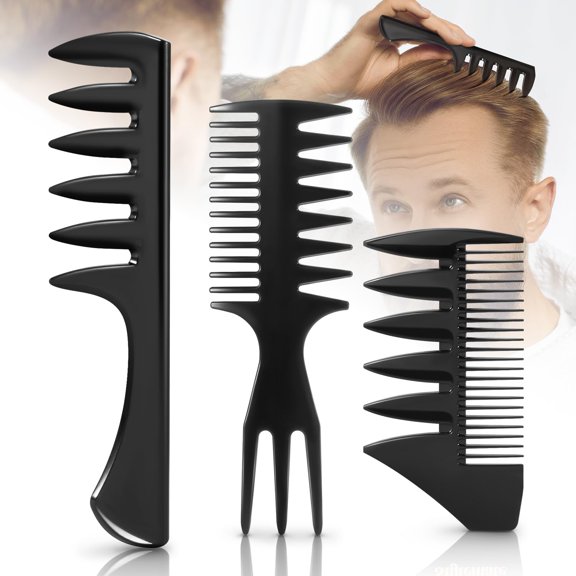 TUWAFE 3Pcs Hair Styling Combs Set for Men,Black Barber Wide Tooth Texture Comb for Quiff,Pompadour,Slick Back,Fauxhawk,Undercut Wide Tooth Comb for Curls