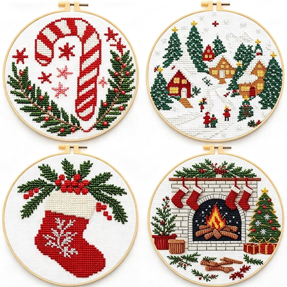 TUWAFE 4 Count Cross Stitch Kits for Adults Beginners, Stamped Cross Stitch Christmas Ornaments Kit with Instructions Embroidery Hoops, Christmas Stocking Four-Piece Set (68446)
