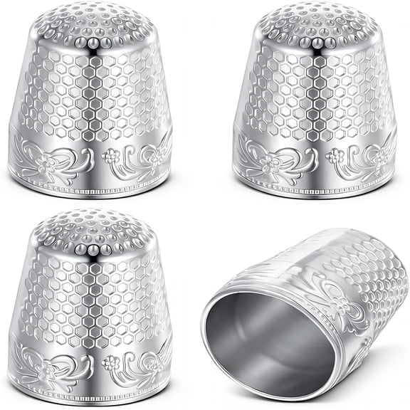 TUWAFE 4 PCS Metal Thimbles, Silver Sewing Thimbles, Sewing Finger Protector Thimble with Pattern for Hand Embroidery, Hand Quilting
