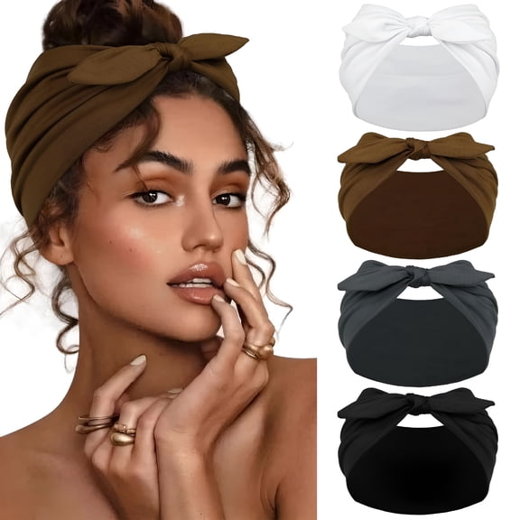 TUWAFE 4 Packs Black Bow Headbands for Women Girls, Wide Head Bands for Women'S Hair Non Slip Soft Elastic Hair Bands, African Thick Workout Gym Turban Bandanas Head Wraps Hair Accessories
