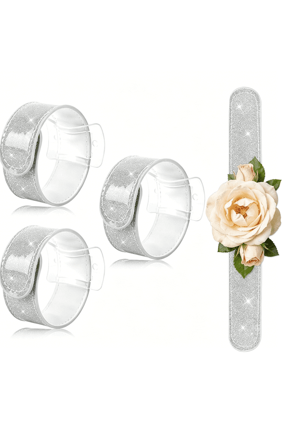 4 Pcs Corsage Wristlet Bands,Silver Slap Bracelets,Floral Snap Bracelet Corsage Wristlet Bands with Hollow Template for Wedding Prom Diy Bouquet Accessories Bridesmaids Bride Shower