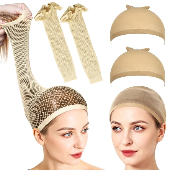 TUWAFE 4 Pcs Wig Cap, 2 Pcs 30Cm Open-End Mesh Wig Caps for Long Thick Hair, 2 Pcs Nylon Wig Caps for Women Daily Comfort, Halloween Cosplay Hair Net for Wig, Natural Nude