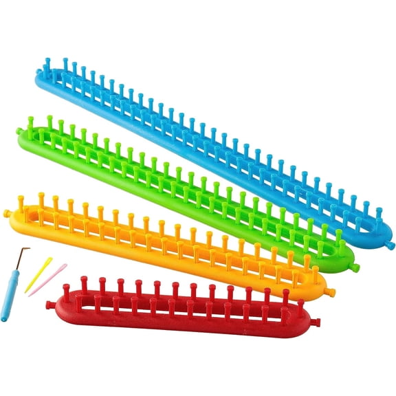 TUWAFE 4 Piece Long Peg Knitting Loom Set, Durable Plastic Loom Kit for Sweaters Socks Blankets, Smooth Pegs for Chunky Yarn, Crochet Crafting Tools for Beginners and Experienced Knitters