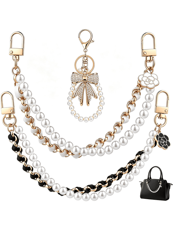 4-Piece Purse Charm Set - 2 Pearl Chains, White Rhinestone Bow Keychain & Gold-Tone Bag Chain, Cute Bag Charms for Handbags, Wallets & Crossbody Bags
