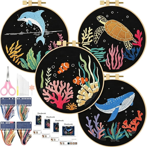 TUWAFE 4 Set Embroidery Kit for Beginners,Cross Stitch Set Include Embroidery Cloth Hoops Threads for Craft Lover Hand Stitch with Embroidery Skill Techniques(Marine Animals)