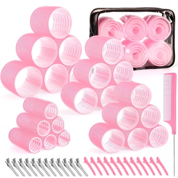 TUWAFE 4 Sizes Self-Grip Hair Rollers Set for Long, Short Hair and Bangs - 50 Pcs with Clips (25mm, 36mm, 48mm, 60mm), Pink
