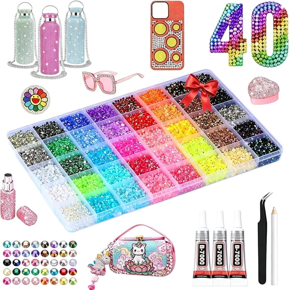 TUWAFE 40 Colors Rhinestones Bedazzling Kit,40000Pcs 3Mm Flatback Rhinestones for Bedazzling with B7000 Glue,Tweezer&Pickup Pen,Sparkle Bedazzled Kits for Nail Art Diy