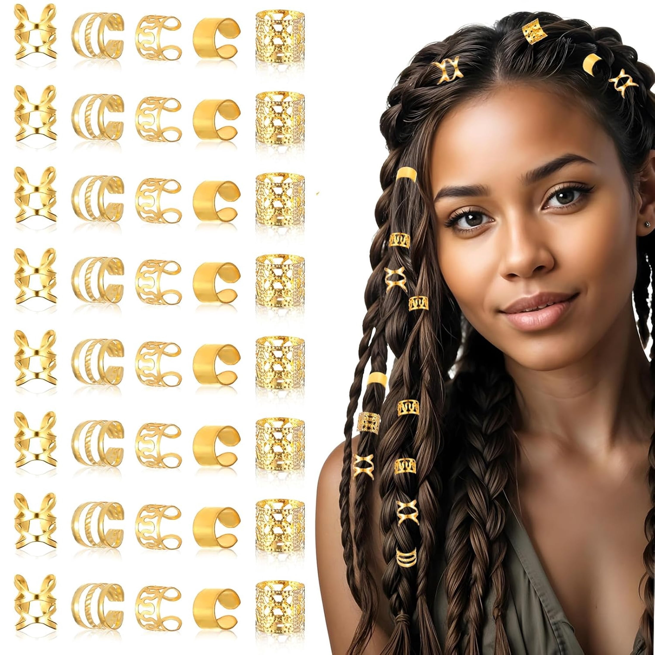 40Pcs Gold Hair Cuffs Charms Rings for Braids,Gold Hair Jewelry Accessories,Adjustable Loc Jewelry Dreadlocks Braid Clips Decorations for Black Women Men Festival Pirate Halloween