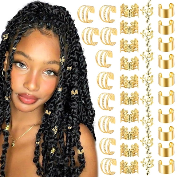 TUWAFE 40Pcs Gold Hair Jewelry for Braids Multi Style Hair Cuffs Adjustable Braid Jewelry Non-Piercing Ear Clips Loc Dreadlock Accessories for Women and Girls
