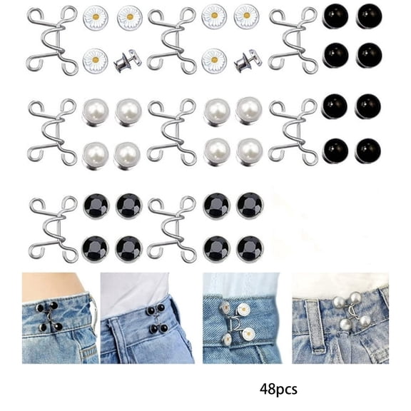 TUWAFE 48 Pcs Adjustable Waist Buckle Extender Set, 8 Set 4 Style Jean Button Pins No Sewing Required Pants Clips for Waist, Pant Waist Tightener for Jeans Dress Instant Button